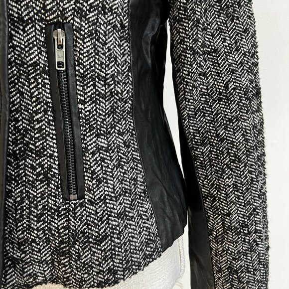 Forever 21 Black and White Wool-Blend  Herringbone Moto Jacket with Faux Leather - Picture 6 of 16